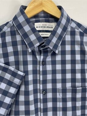 Mizzen+Main Leeward Shirt Men’s M Blue Check Trim Fit Performance Short Sleeve